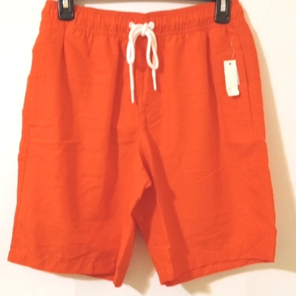 ORANGE WHITE DRAWSTRING THREE POCKET MESH LINED SWIM TRUNKS SIZE SMALL NWT - Picture 2 of 6